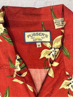Pusser’s Island Style Red Floral Hawaiian Camp Shirt Silk Cotton Men’s Medium
